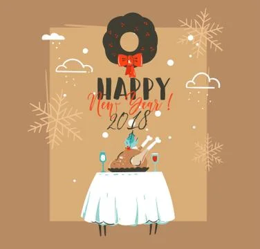 Hand drawn vector abstract Merry Christmas and Happy New Year time retro vintage Stock Illustration