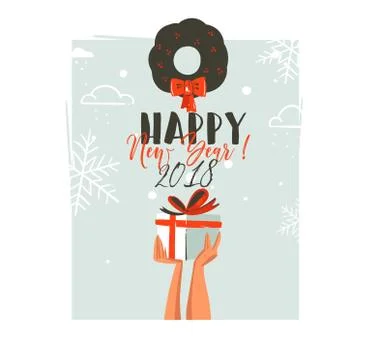 Hand drawn vector abstract Merry Christmas and Happy New Year time retro cartoon Stock Illustration