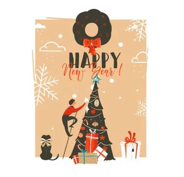 Hand drawn vector abstract Merry Christmas and Happy New Year time vintage Stock Illustration