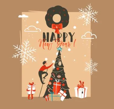 Hand drawn vector abstract Merry Christmas and Happy New Year time vintage イラスト素材