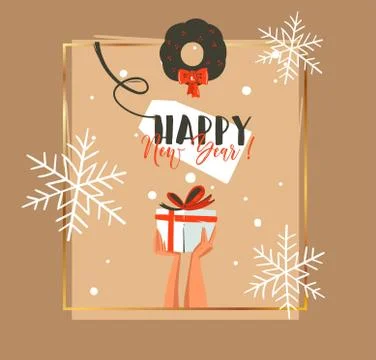 Hand drawn vector abstract Merry Christmas and Happy New Year time retro cartoon Stock Illustration