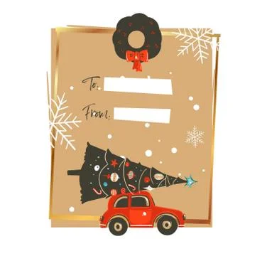 Hand drawn vector abstract Merry Christmas and Happy New Year time vintage Stock Illustration