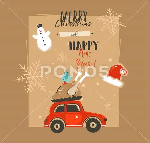 Hand drawn vector abstract Merry Christmas and Happy New Year time vintage Stock Illustration