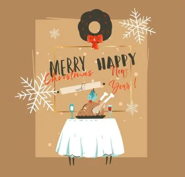 Hand drawn vector abstract Merry Christmas and Happy New Year time retro vintage Stock Illustration