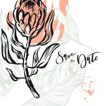 Hand drawn vector abstract modern boho tropical minimalistic save the date card 库存插图