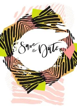 Hand drawn vector abstract modern boho tropical minimalistic save the date card Stock Illustration