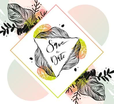 Hand drawn vector abstract modern tropical minimalistic save the date card Ilustração Stock