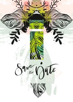 Hand drawn vector abstract modern boho tropical minimalistic save the date card Ilustração Stock
