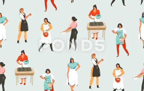 Hand drawn vector abstract modern cartoon cooking time fun illustrations Stock Illustration