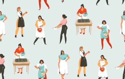 Hand drawn vector abstract modern cartoon cooking time fun illustrations Stock Illustration