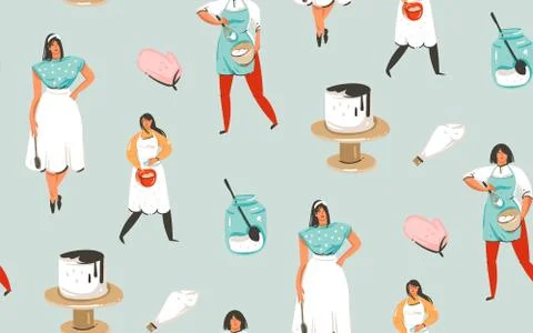 Hand drawn vector abstract modern cartoon cooking time fun illustrations Illustrazione stock