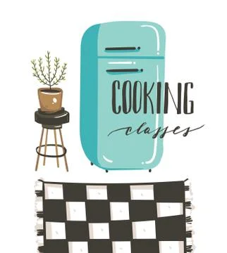 Hand drawn vector abstract modern cartoon cooking class kitchen interior Stock Illustration
