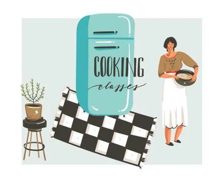 Hand drawn vector abstract modern cartoon cooking class illustrations poster Stock Illustration
