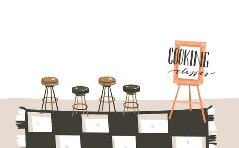 Hand drawn vector abstract modern cartoon cooking class kitchen interior Stock Illustration