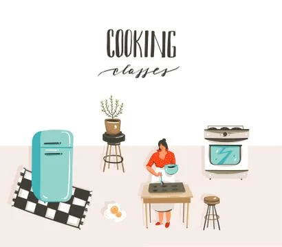 Hand drawn vector abstract modern cartoon cooking class illustrations poster Stock Illustration