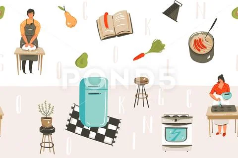 Hand drawn vector abstract modern cartoon cooking time fun illustrations icons Stock Illustration