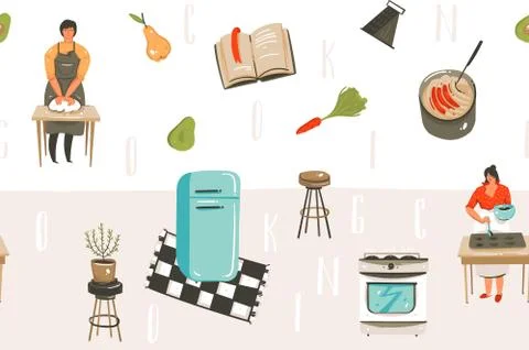 Hand drawn vector abstract modern cartoon cooking time fun illustrations icons Illustrazione stock