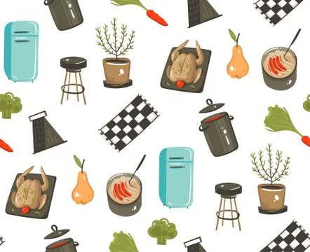 Hand drawn vector abstract modern cartoon cooking time fun illustrations icons Stock Illustration