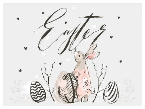 Hand drawn vector abstract modern graphic scandinavian collage Happy Easter cute Stock Illustration