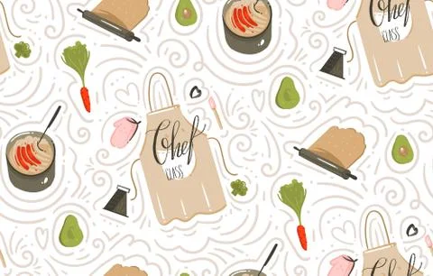 Hand drawn vector abstract modern cartoon cooking time fun illustrations icons Illustrazione stock