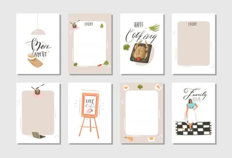 Hand drawn vector abstract modern cartoon cooking studio illustrations cards Stock Illustration