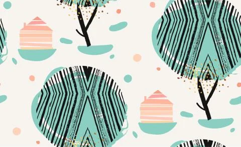 Hand drawn vector abstract modern collage textured seamless pattern with spring Illustrazione stock