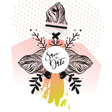 Hand drawn vector abstract modern boho tropical minimalistic save the date card Ilustração Stock