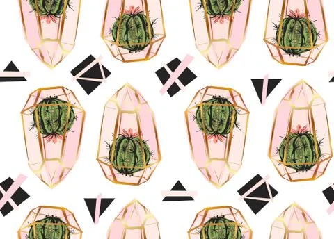 Hand drawn vector abstract seamless pattern with golden terrarium and cacti 스톡 일러스트