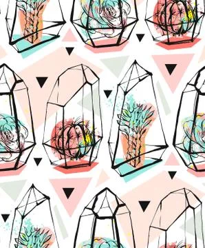Hand drawn vector abstract seamless pattern with rough terrarium and succulent 스톡 일러스트