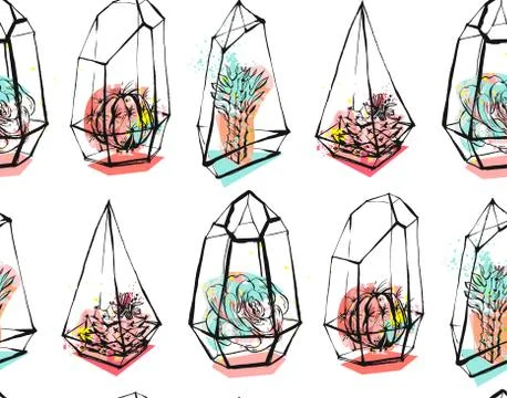 Hand drawn vector abstract seamless pattern with rough terrarium and succulent Illustrazione stock