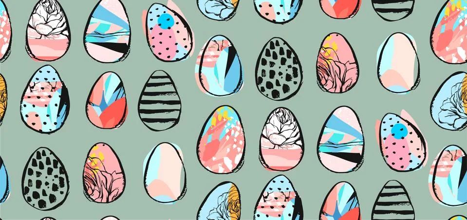 Hand drawn vector abstract seamless pattern with abstract brush drawing Easter Stock Illustration
