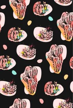 Hand drawn vector abstract seamless pattern collage with cacti plants Stockillustratie
