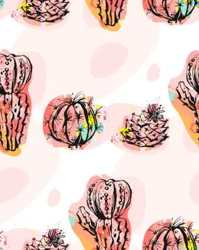 Hand drawn vector abstract seamless pattern collage with cacti plants 스톡 일러스트