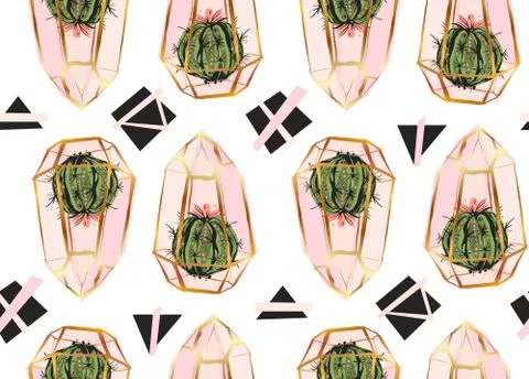 Hand drawn vector abstract seamless pattern with golden terrarium and cacti Stock Illustration