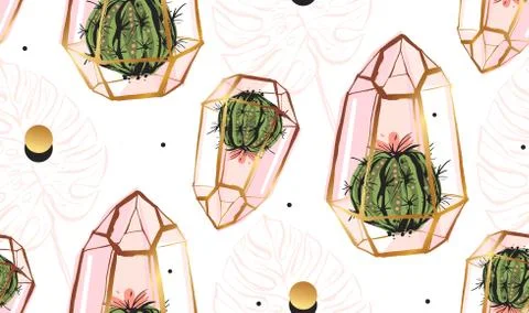 Hand drawn vector abstract seamless pattern with golden terrarium,polka dots 스톡 일러스트
