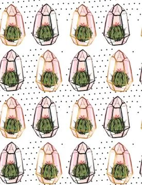 Hand drawn vector abstract seamless pattern with golden terrarium,polka dots Stock Illustration