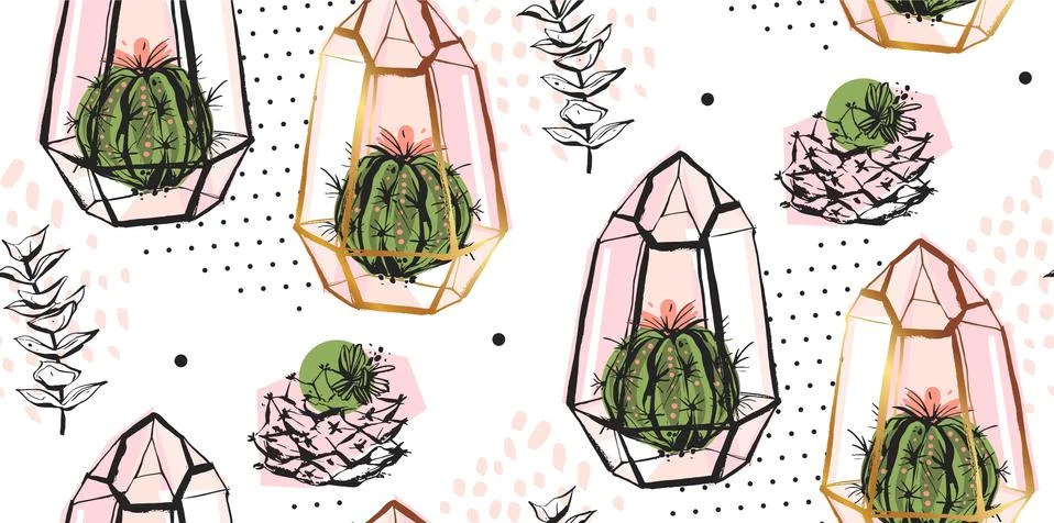 Hand drawn vector abstract seamless pattern with golden terrarium,polka dots Stock Illustration