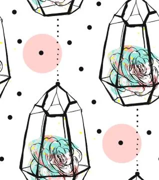Hand drawn vector abstract seamless pattern with rough terrarium,polka dots Stock Illustration
