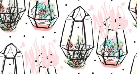 Hand drawn vector abstract seamless pattern with rough terrarium,polka dots Stock Illustration