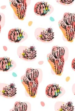 Hand drawn vector abstract seamless pattern collage with cacti plants Stock Illustration