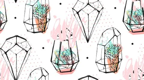 Hand drawn vector abstract seamless pattern with rough terrarium and succulent Illustrazione stock