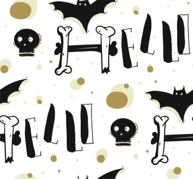 Hand drawn vector abstract seamless halloween pattern with modern calligraphy Illustrazione stock