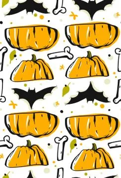 Hand drawn vector abstract seamless halloween pattern with cartoon pumpkin Stock Illustration