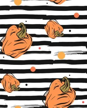 Hand drawn vector abstract seamless autumn pattern with pumpkins on a background Stock Illustration