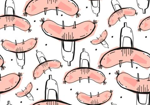 Hand drawn vector abstract seamless oktoberfest pattern with sausage on fork Stock Illustration