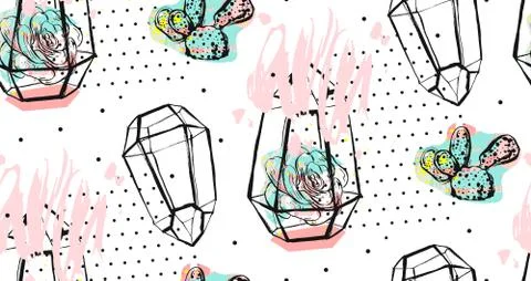 Hand drawn vector abstract seamless pattern with rough terrarium,polka dots Stock Illustration
