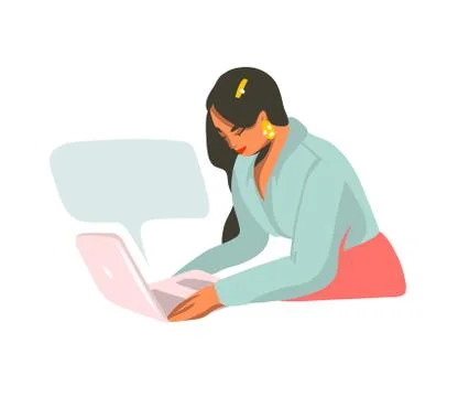 Hand drawn vector abstract stock graphic illustration with young female working Stock Illustration