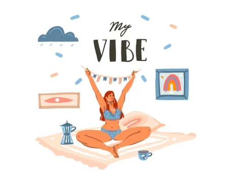 Hand drawn vector abstract stock graphic illustration with young happy female Stock Illustration