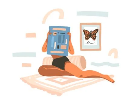 Hand drawn vector abstract stock graphic illustration with young female reading Stock Illustration