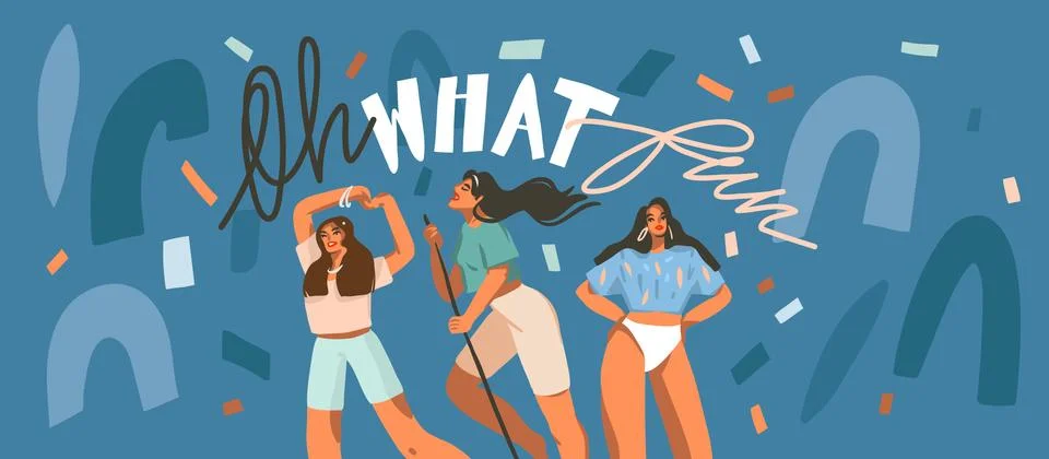 Hand drawn vector abstract stock graphic illustration with young smiling females Stock Illustration